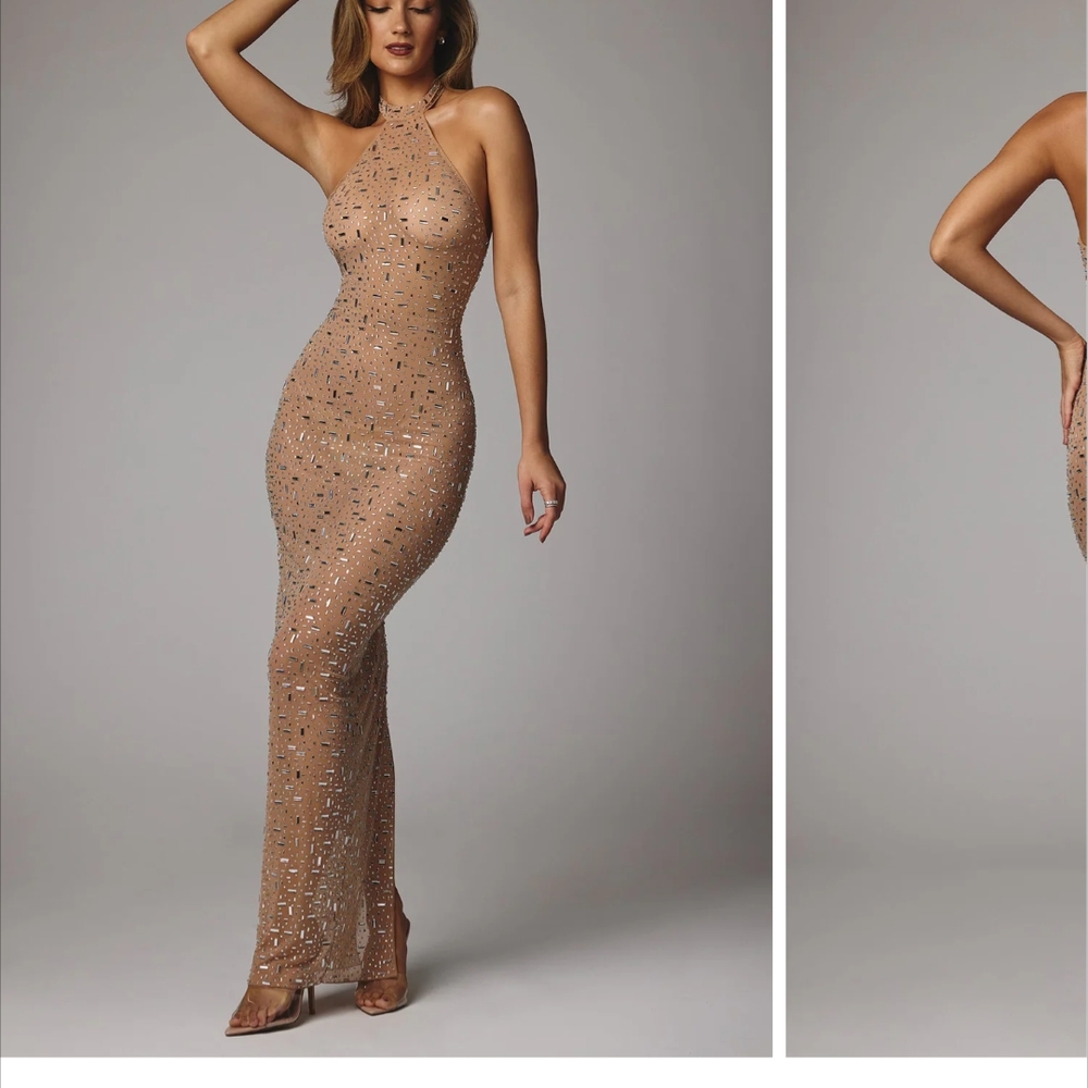 NWT Oh Polly Sheer Embellished High Neck Evening Gown in Almond